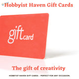 Red rectangular Hobbyist Haven gift card with white giftcard logo