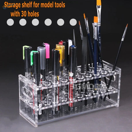 Clear acrylic holding shelf with 30 holes for scale modeling tools organized