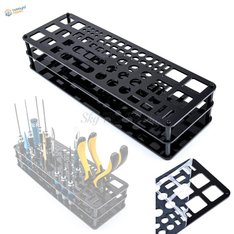 Black acrylic holding shelf with 63 holes for scale modeling tools organized