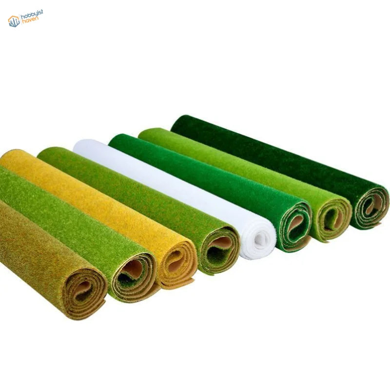 Landscape grass mat with rolled felt sheets in green, yellow, white shades