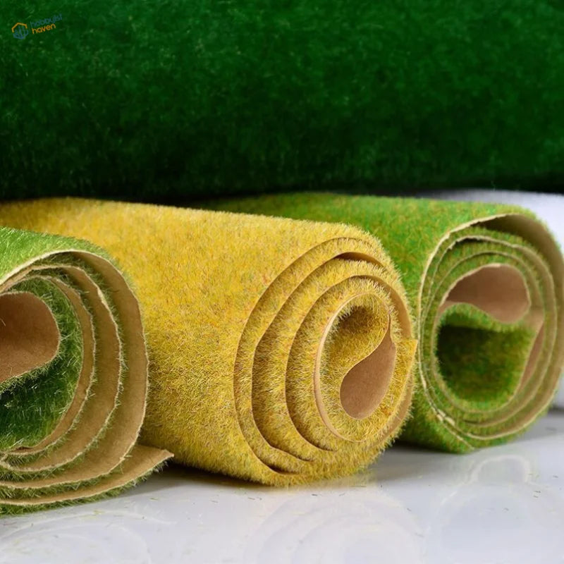 Vibrant yellow green landscape grass mat rolled with plush texture and cardboard cores