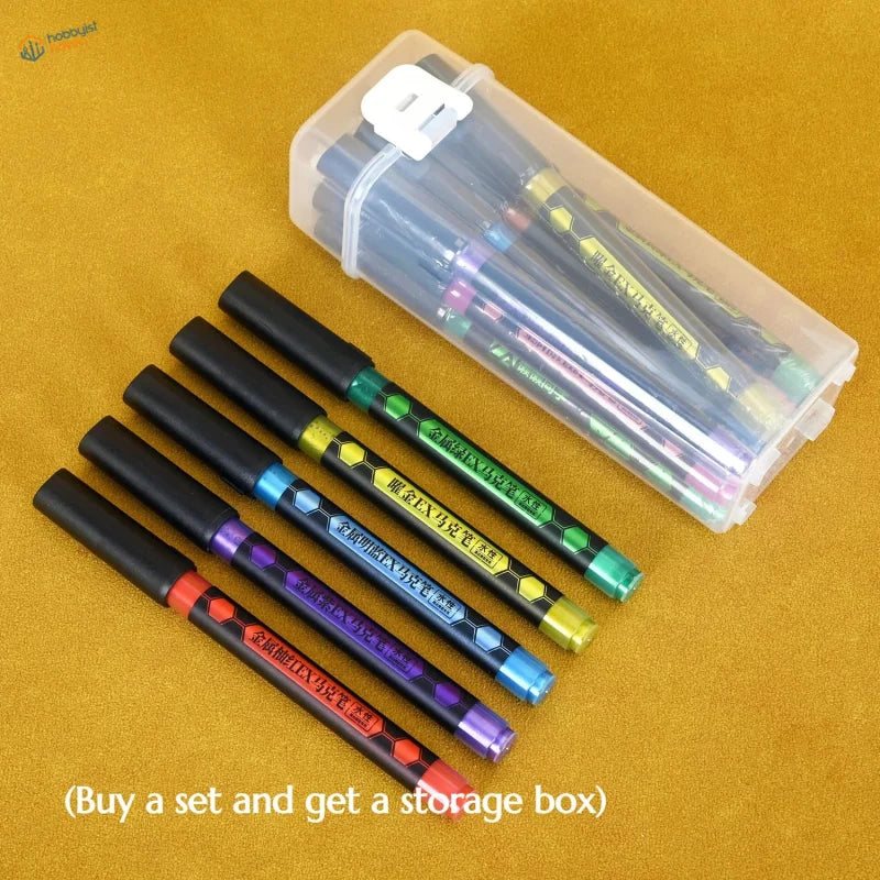 Set of six lazy master metallic black-bodied marker pens with colorful hexagonal accents and clear plastic case