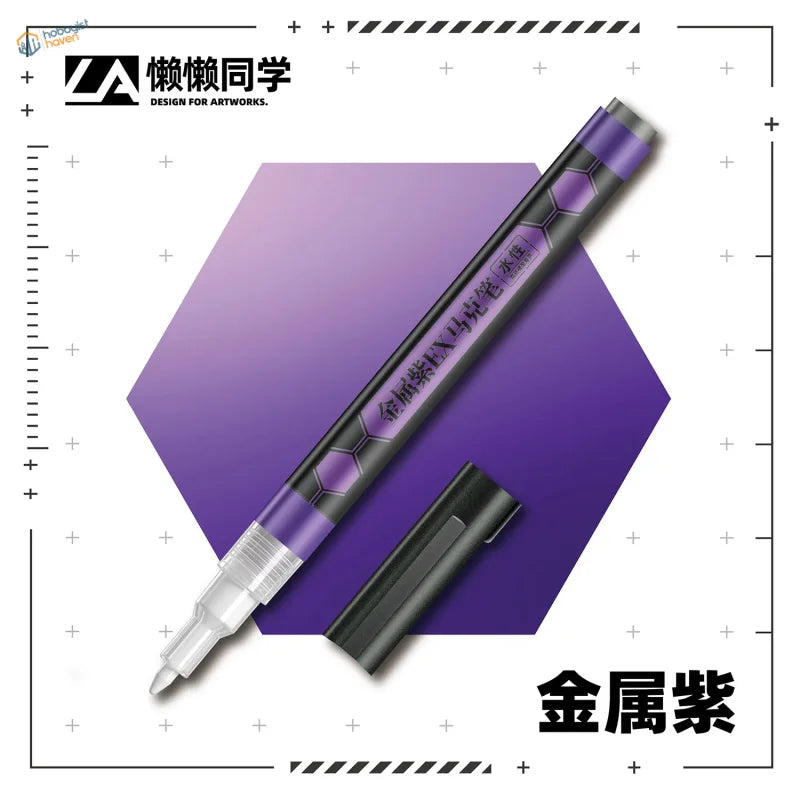 Lazy master metallic ex marker pen in purple with black hexagonal barrel and clear tip for metallic paint markers use