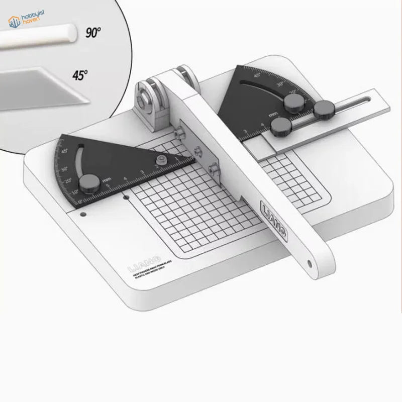 Liang angle cutting station with white plastic cutter and black rulers