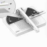 Liang angle cutting station with white plastic cutter and black rulers