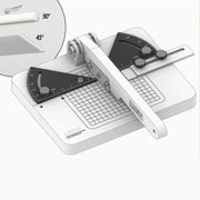 Liang angle cutting station with white plastic cutter and black rulers