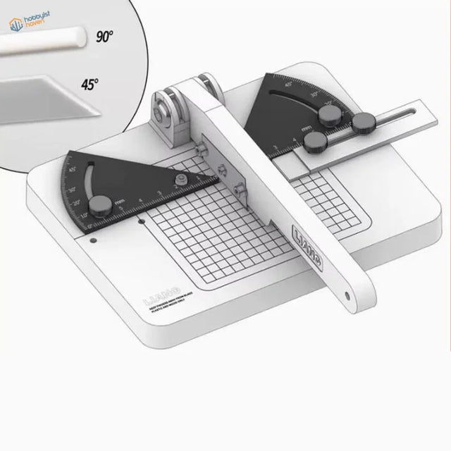 Liang angle cutting station with white plastic cutter and black rulers