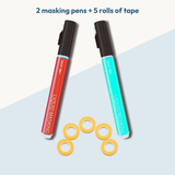 Two liquid masking pens in red and teal with five rolls of 3 mm masking tape