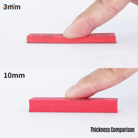 Red rectangular sanding sponge set with foam core delivers textured surface and two thicknesses for comparison