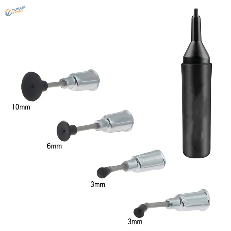 Manual suction pen: 4 chrome suction cup tips with black rubber heads and squeeze bottle