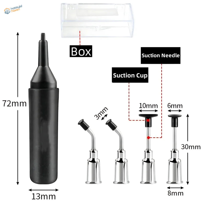 Manual suction pen with 72mm black plastic applicator and interchangeable metal tips