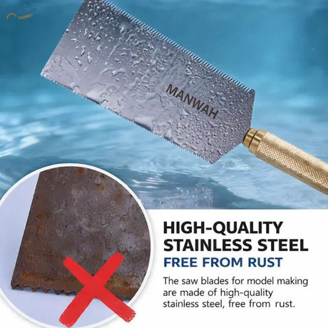 Manwah 0.3mm ultra-thin stainless steel saw with a gold-colored handle and shiny stainless blade for scale modeling tools