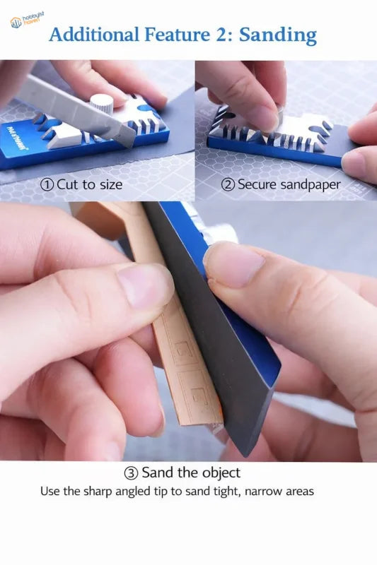 Manwah multi-functional compact photo etched bender is a blue plastic sanding tool with a sharp angled tip for precision hobby tools