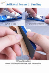 Manwah multi-functional compact photo etched bender is a blue plastic sanding tool with a sharp angled tip for precision hobby tools