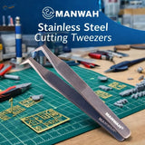 Manwah stainless steel precision cutting tweezers with angled tips and sleek finish for tight spaces and photo-etched parts