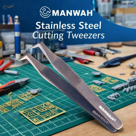 Manwah stainless steel precision cutting tweezers with angled tips and sleek finish for tight spaces and photo-etched parts