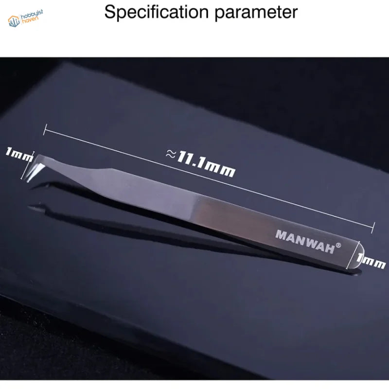Manwah stainless steel precision cutting tweezers with silver-toned polished finish and pointed tips for tight spaces and photo-etched parts