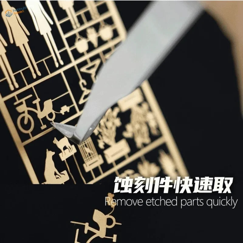 Manwah stainless steel precision cutting tweezers with sleek metallic finish lifting golden photo-etched parts in tight spaces