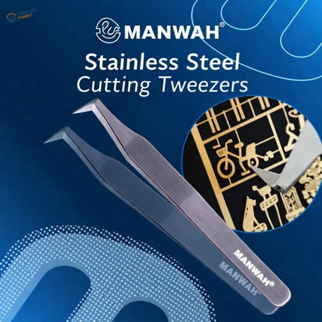 Manwah stainless steel precision cutting tweezers with angled tips and polished finish for photo-etched parts in tight spaces