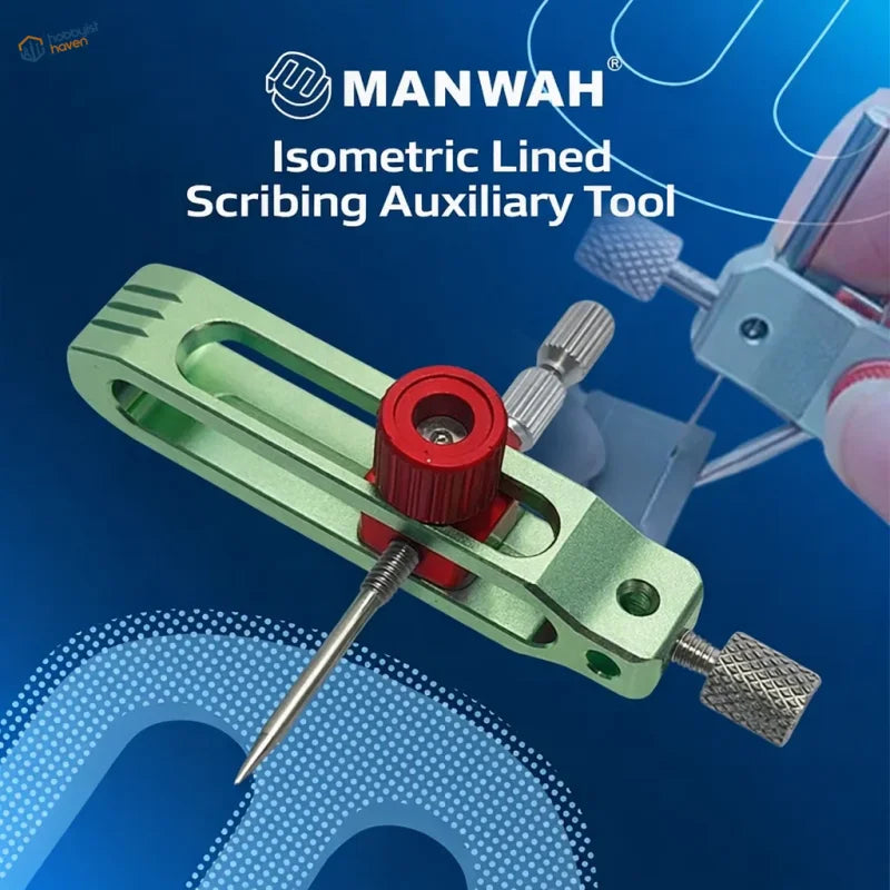 Manwah symmetrical scribing guide tool with green metallic body, red adjustment knob, and silver screwdriver-like tip designed for precise symmetrical scribing