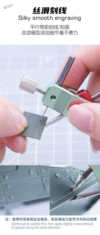 Manwah symmetrical scribing guide tool metallic engraving tool with textured knob and red accents for precise scribing