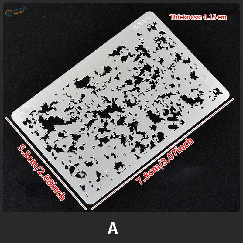 White plastic streaking stencil with black camo cutouts for scale modeling