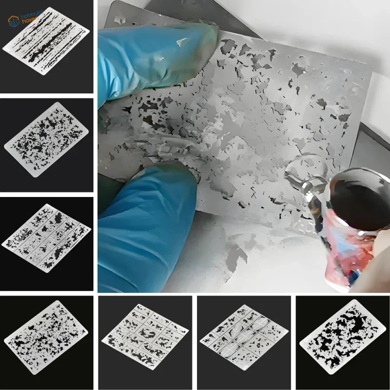 White rectangular streaking stencils with distressed paint for scale modeling DIY wall art