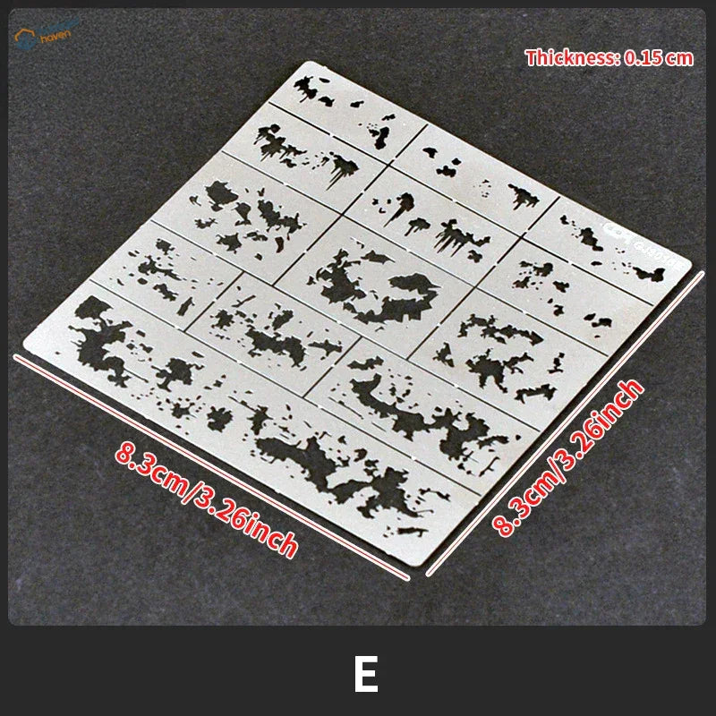 Silver streaking stencils set with ink splatter for scale modeling