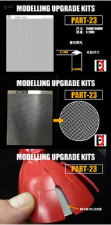 Red plastic Gundam model part with metal mesh insert for scale modeling tools