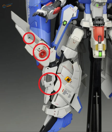 White blue Gundam model with red arm joints using metal parts