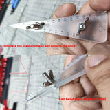 Transparent plastic angle gauge on metal rod bender with scale