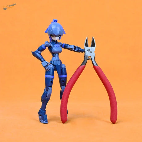 Blue plastic action figure holding red-handled rods wire cutting pliers
