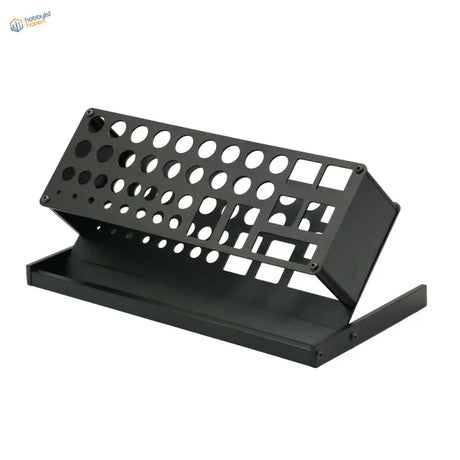 Black metallic angled holding shelf with 41 perforated holes