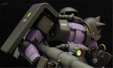 Purple gray Gundam model with green eyes and metallic color sticker