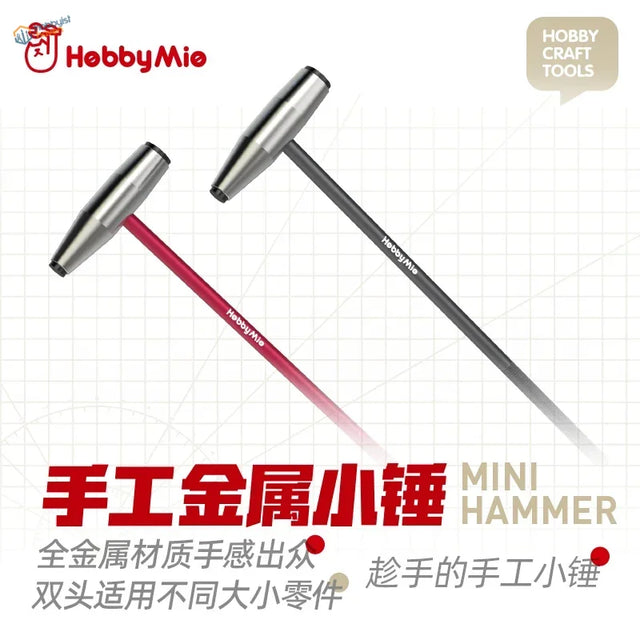 Two mini metal hammers with red black handles, Hobbymie brand
