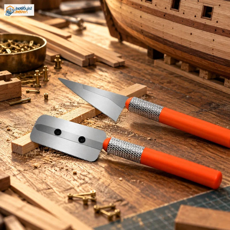 Mini modeling saws on a wooden ship model workbench with thin wooden strips