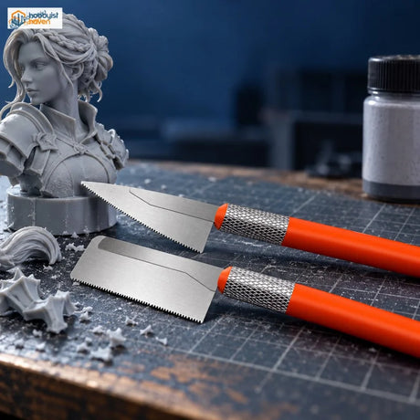 Orange-handled mini modeling saws beside a resin miniature bust with clean cut lines