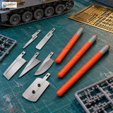 Mini modeling saws laid out next to an armored vehicle model kit and a photo-etch sheet
