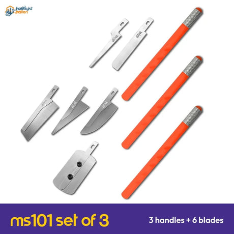 MS101 mini modeling saws set of 3: three orange handles with six fine-tooth blades