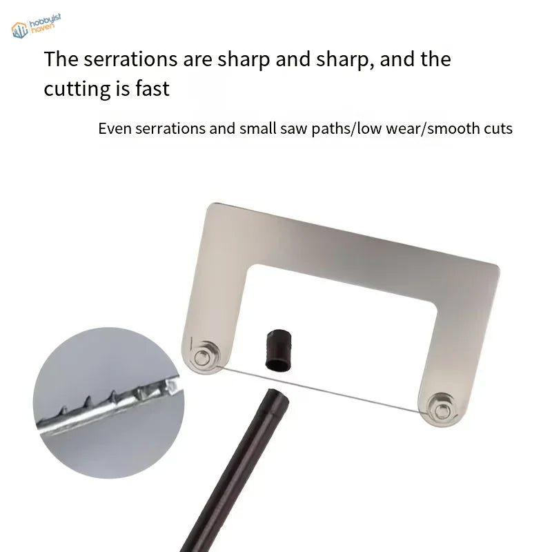 Silver metal mini wire saw with sharp serrations and thin wire blade for precise scale modeling tools and model building tools