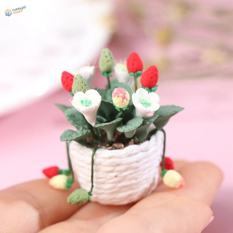 Exquisite miniature flowers in white woven pot for dioramas