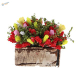 Vibrant exquisite miniature flowers in rustic wooden planter for dioramas