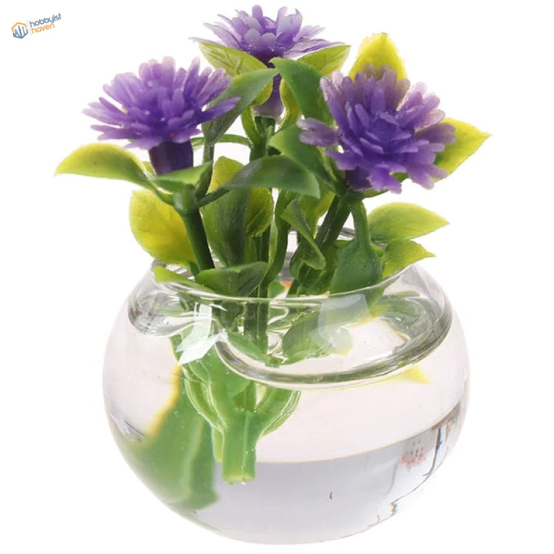 Exquisite miniature purple flowers in glass vase for dioramas