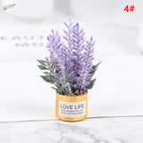 Purple artificial lavender in gold pot with love life label, exquisite miniature flowers for dioramas
