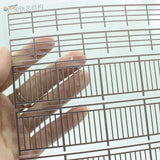 Transparent 1:30 scale miniature railing patterns on plastic sheet for scale modeling
