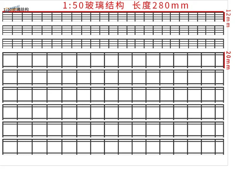1:50 scale glass miniature railing model with 280mm length, black grid lines