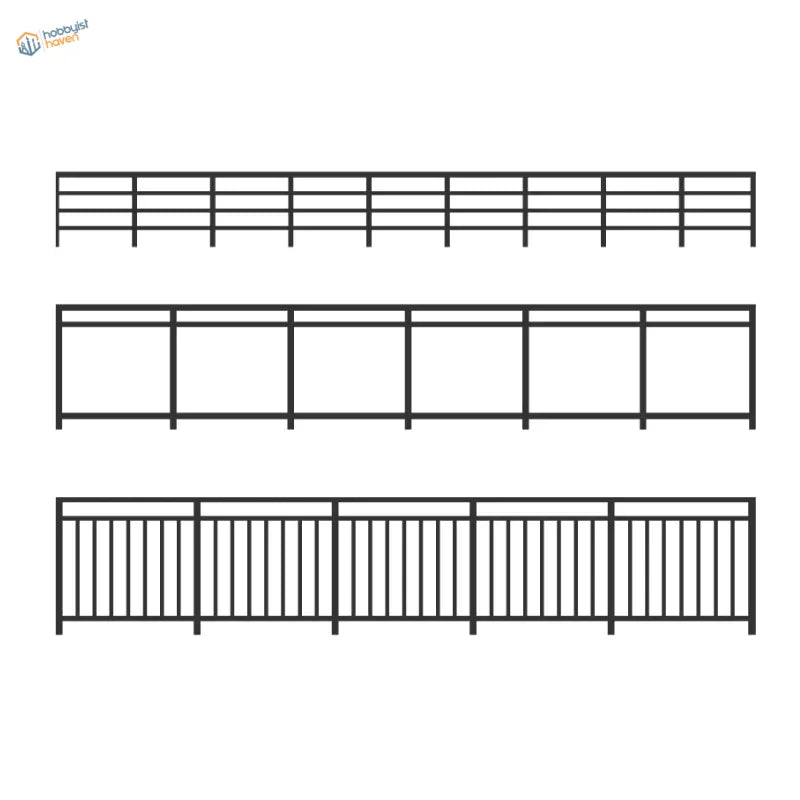 Miniature railing with black metal designs, vertical and horizontal bars for scale modeling