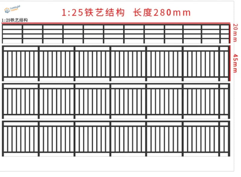 1:25 scale miniature railing model with black wrought iron fence design