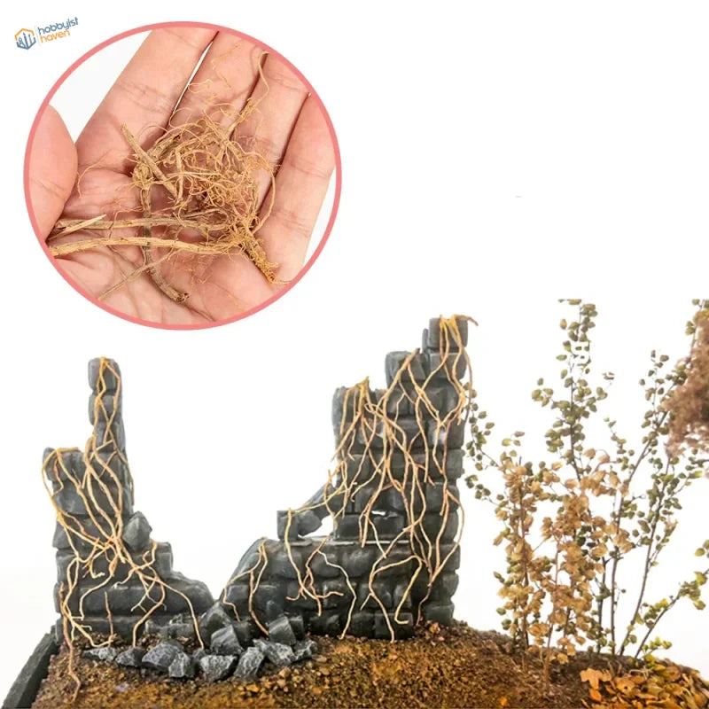 Miniature vine tree roots: black resin ruin diorama with golden tendrils