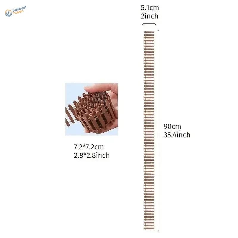 Brown plastic miniature wooden picket fence with 90cm long slats designed for garden and diorama decoration